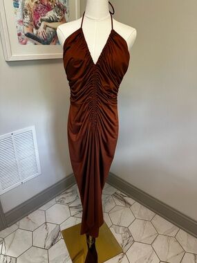 Veronica Beard Rust Brown One-Shoulder Ruched Maxi Dress